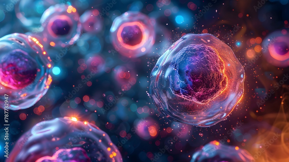 Healthy cell, lightful optic, transparent structures, 3D illustration of glowing cells in the background, with energy particles and spheres floating around, in an abstract style. 