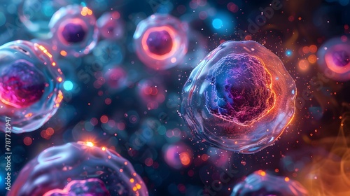 Healthy cell, lightful optic, transparent structures, 3D illustration of glowing cells in the background, with energy particles and spheres floating around, in an abstract style.  photo