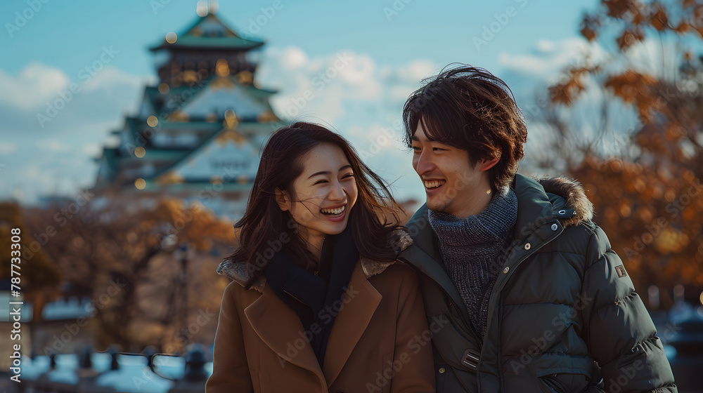 A asian couple stand near each other, smiling. They are wearing luxury coats. Background is japan mountain, landmarks and cherry blossoms. A asian couple stand near each other, smiling. They are wearing luxury coats. Background is japan mountain, landmarks and cherry blossoms.