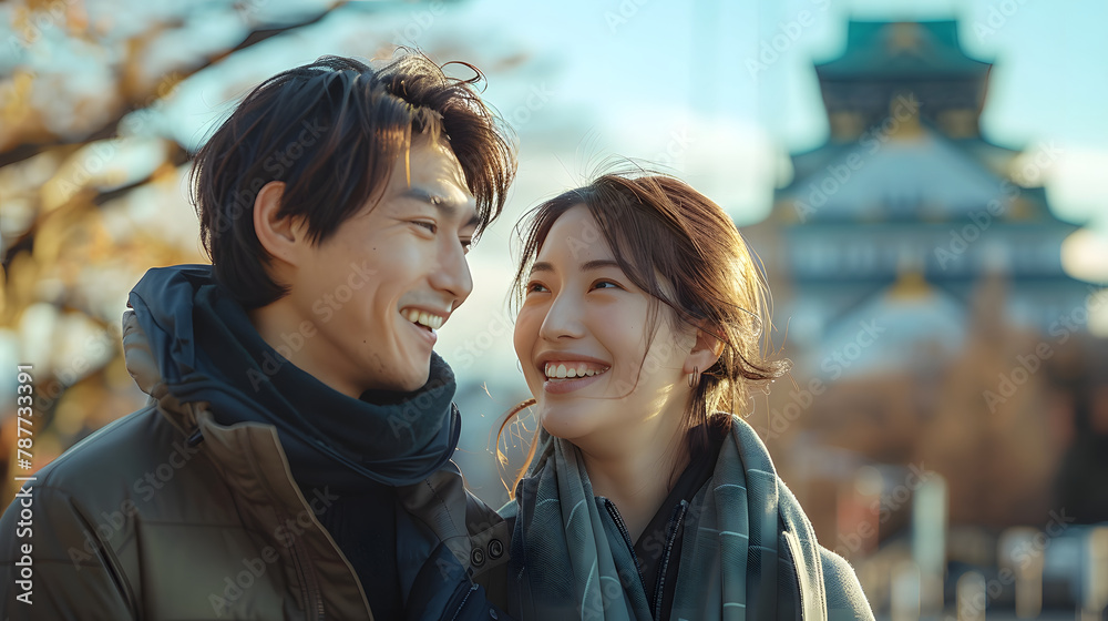 A asian couple stand near each other, smiling. They are wearing luxury coats. Background is japan mountain, landmarks and cherry blossoms.