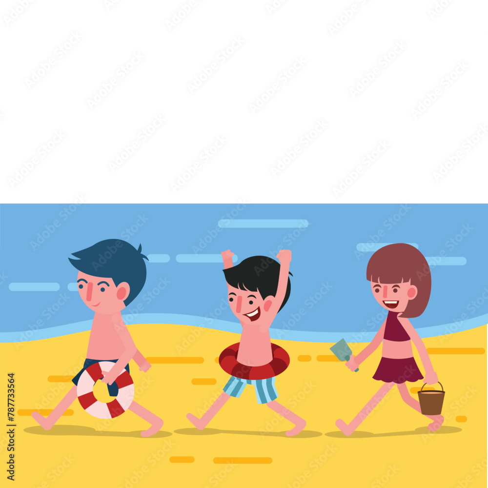 Cheerful Children Playing at Beach: Vector Illustration of Sunny Seaside Fun