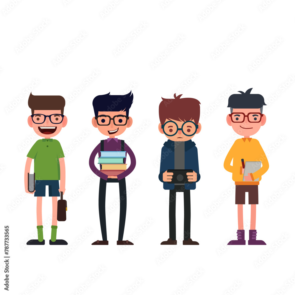 Collection of Boys with Glasses: Learning and Gaming Vector Illustration