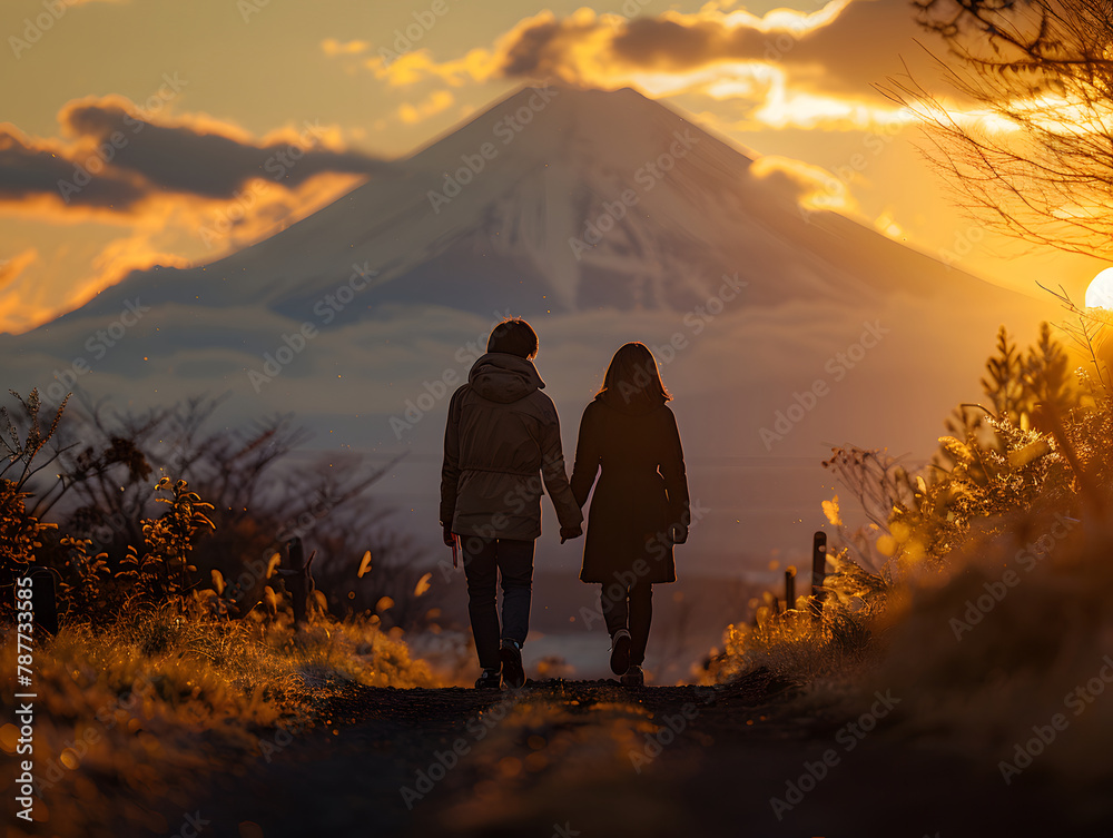 A asian couple stand near each other, smiling. They are wearing luxury coats. Background is japan mountain, landmarks and cherry blossoms. A asian couple stand near each other, smiling. They are wearing luxury coats. Background is japan mountain, landmarks and cherry blossoms.