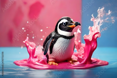 A playful penguin splashes water on a vibrant pink and blue object. This image can be used to represent joy, fun, and the beauty of nature Generative AI