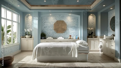 An inviting spa room featuring pristine white linens and soothing blue accents.
