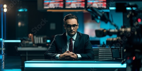 A poised news anchor at a broadcast desk embodies professionalism, communication, and information photo