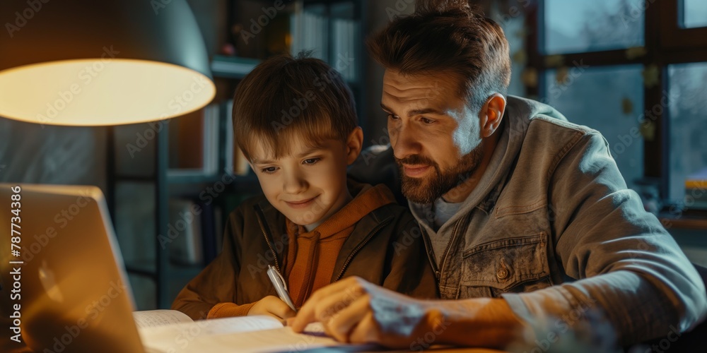 A father assisting his son with homework represents family, education, and parental guidance in a home setting