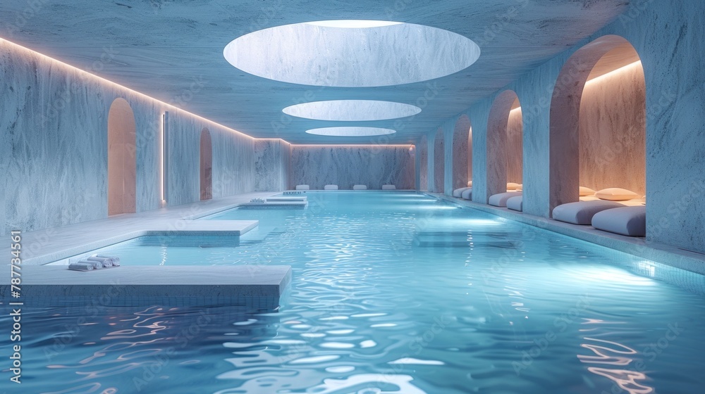 A minimalist spa environment adorned with soft blue hues, conveying a sense of calm and relaxation. A minimalist spa environment adorned with soft blue hues, conveying a sense of calm and relaxation.