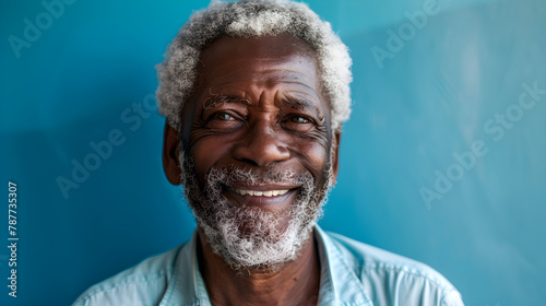 A handsome senior black man with white hair smiling and displaying vibrant health against a blue background.