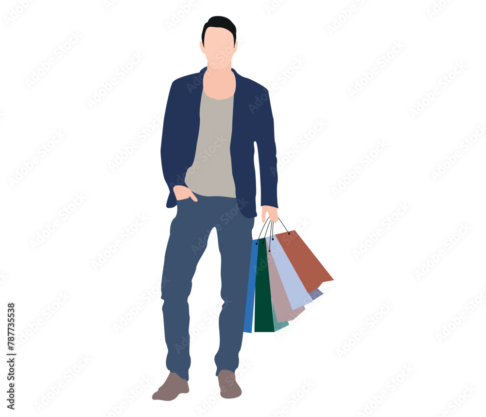 The man is shopping and holds the package and vector Illustration