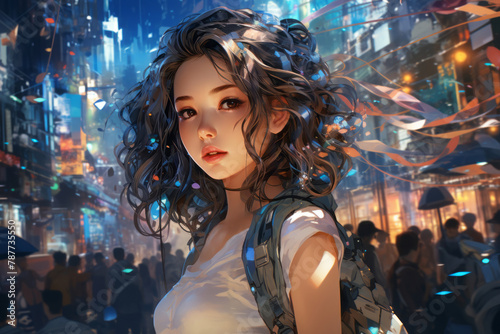 Portrait of woman stands on a busy street in a futuristic metropolis, Cyberpunk Girl, Anime, Character Design