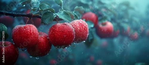 Ripe apples with glossy skins hanging from a tree branches under rainfall with glistening water droplets photo
