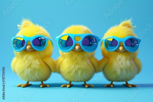 Three Cute Chicks in Sunglasses on Blue Background