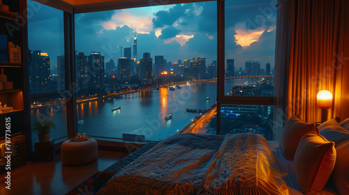 Escape to luxury with this cozy bedroom offering misty city views and modern comforts. AI generative. photo