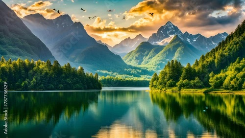 Sunlight on mountain peaks, reflecting in clear water flowing through the valley, with green trees all around. seamless looping time lapse animation video background photo