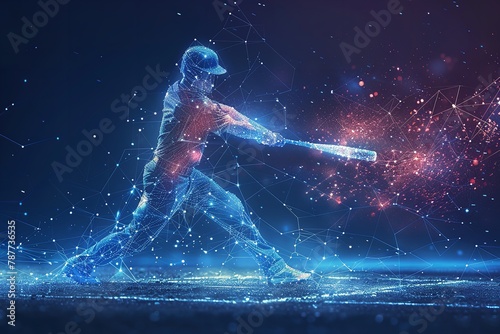 Over a blue geometric backdrop, a low poly wireframe tandem format style art depicts a man youth player colliding with a baseball and space, Generative AI.