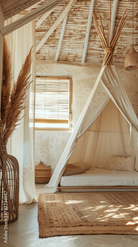 Discover the unique charm of Tarifa with a luxurious tipi stay featuring jarapas and esparto blinds. AI generative. photo