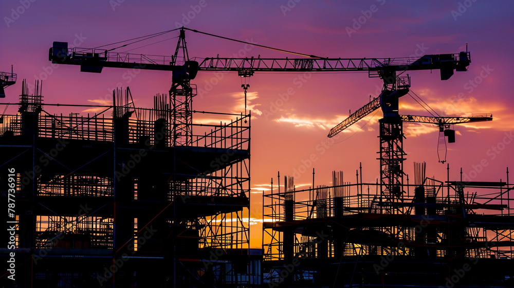 A striking silhouette of a construction project, with the outline of cranes, scaffolding, and unfinished structures against the twilight sky, highlighting the ongoing development