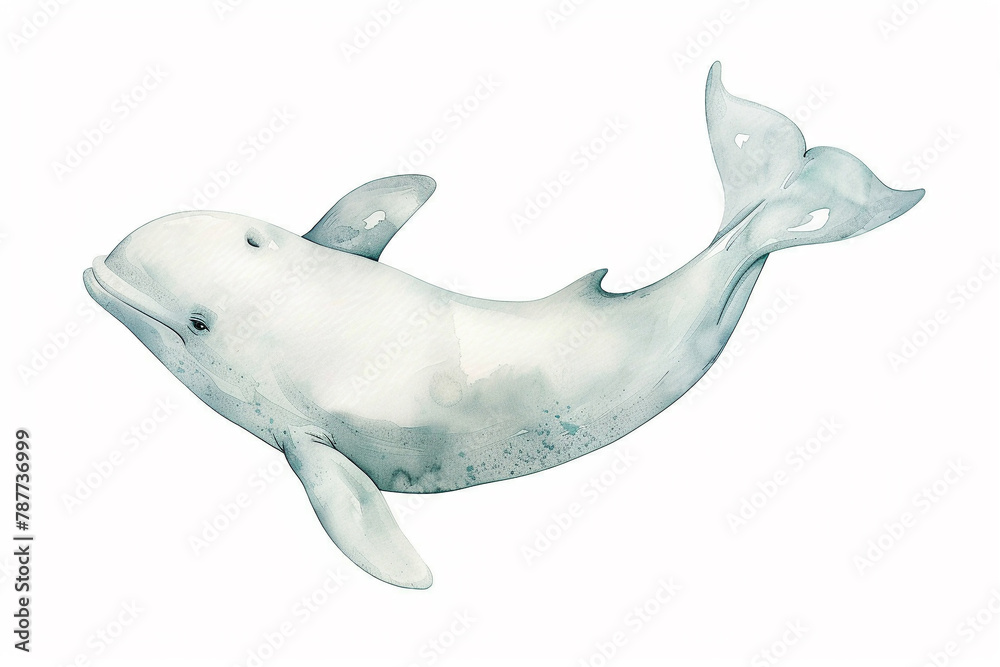 Fototapeta premium A Beluga whale cute hand draw watercolor white background. Cute animal vocabulary for kindergarten children concept.