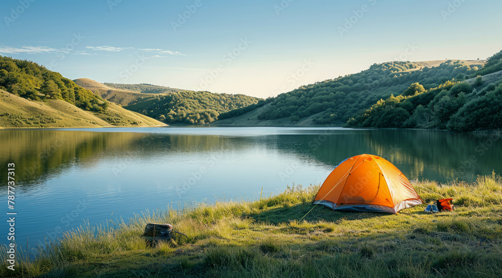 Escape to the idyllic beauty of nature with a stunning image of an orange tent on the shores of a calm lake, framed by verdant hills and a clear blue sky during the magical golden hour. AI generative.