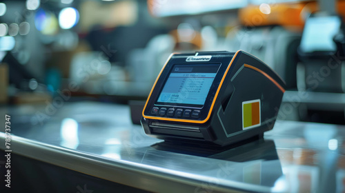 Witness the future of banking with a sleek payment POS machine placed on the bank counter, exemplifying the synergy between technology and creativity in digital transactions. AI generative.