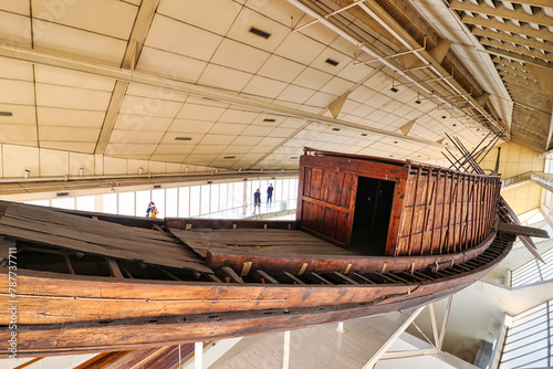 Great Solar Boat of Khufu, made of Lebanon cedar wood and discovered in 1954 is preserved in the solar boat musuem on the south side of the Great Pyramid of Khufu on the Giza plateau at Cairo,Egypt