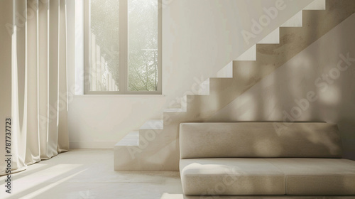 Beige stairs in a modern Scandinavian lounge with a window and calm atmosphere.