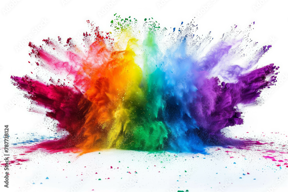 Celebrate the festival of colors with a stunning display of a rainbow Holi purple paint splash, bursting with vibrancy against a crisp white background. AI generative.