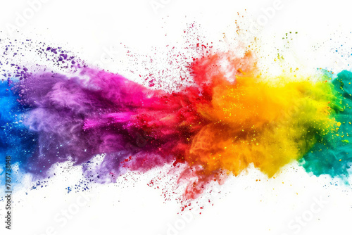 Witness the magic of Holi come to life in this dynamic photo featuring a stunning purple paint explosion, adding a burst of energy and color to the serene white background. AI generative.