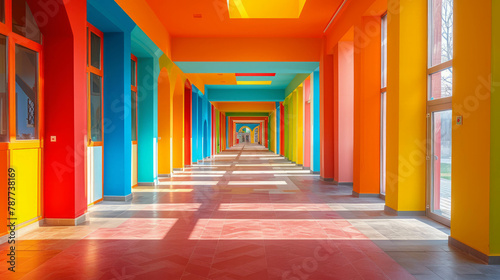 Step into a world of imagination with this real photo capturing the lively hall of a kid's home, featuring vibrant rectangles and candy colors that evoke a sense of fun and creativity. AI generative.