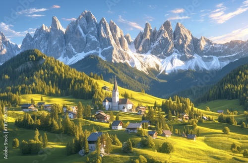 Beautiful green meadow with a small building on the hill on a sunny day, an alpine landscape with a forest and mountains in the background