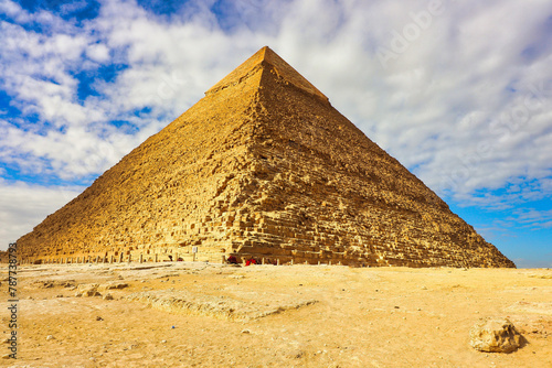 Great Pyramid of Khafre or Chephren is the tomb of the Fourth-Dynasty pharaoh Khafre, who ruled c. 2558−2532 BC built on top of bright yellow limestone bedrock on the giza plateau at Cairo,Egypt