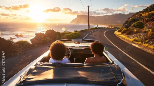 Couple driving in a convertible on a coastal road, enjoying the ocean breeze