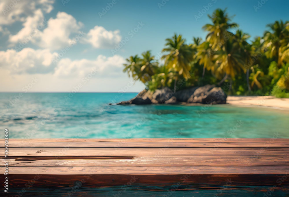 Tropical beach view from a wooden deck, featuring clear blue water, sandy shore, and lush palm trees.