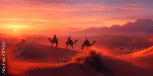 A serene scene with a caravan of camels and riders trekking through the desert dunes against a breathtaking sunset background