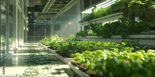 Modern indoor urban farming with rows of plant beds under artificial lighting showcasing sustainable agriculture against a blurred background photo