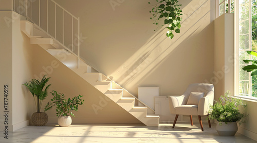 Beige stairs with a touch of Scandinavian style in a beautiful lounge with a window.