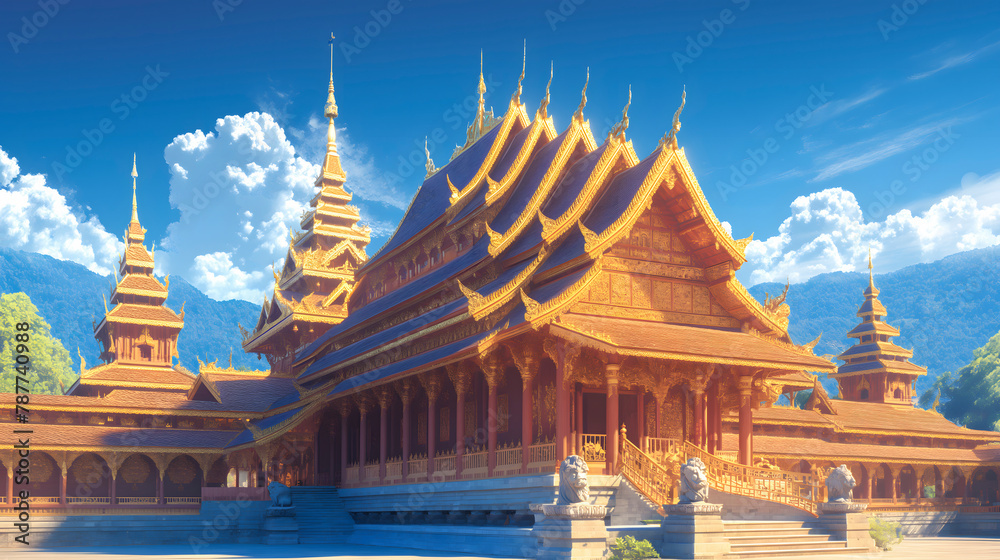 Fototapeta premium Beautiful ancient Buddhist temple in the mountains. 3D rendering.