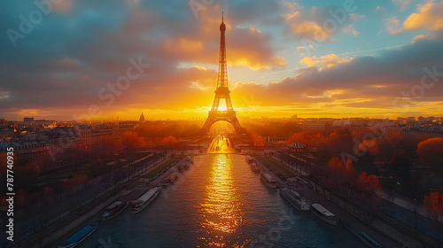 Aerial view of Eiffel Tower at sunset in Paris, France photo