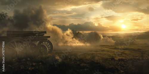 A dramatic sunset over a historical field with smoke and cannons, setting the scene for a powerful, evocative background © gunzexx png and bg