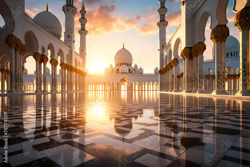 the grand and majestic ephemeral white mosque at sunset photo