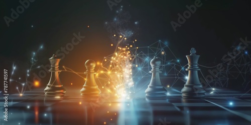 Chess pieces depicted in a strategic setup with digital network connections, indicating strategic thought and competition on a virtual background