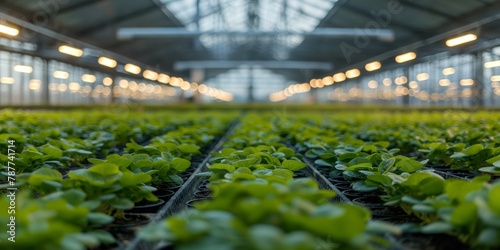 A vast greenhouse interior showcasing endless rows of fresh lettuce against a blurred background, depicting agriculture and sustainability