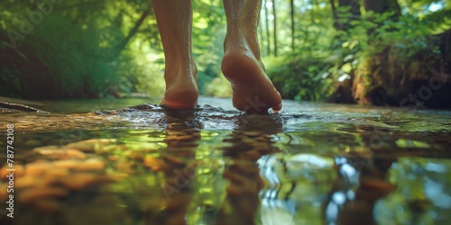A soothing image capturing bare human feet treading gently over river pebbles among a serene forest background Nature and tranquility merge
