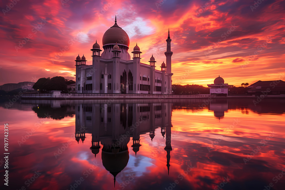 Beautiful sunset at the reflection of Putra Mosque