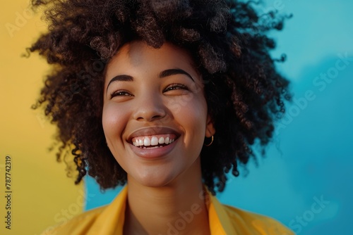 Happy young woman with afro hairstyle against colored background - generative ai