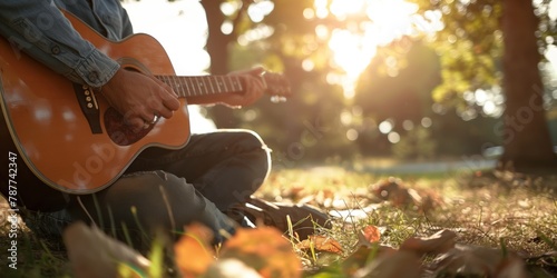 A musician's hands strumming an acoustic guitar amidst fallen autumn leaves, creating an evocative artistic background of creativity