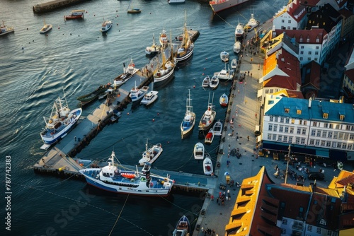 An overhead view of a bustling harbor, with colorful fishing boats, waterfront promenades, and bustling docks alive with activity, Generative AI