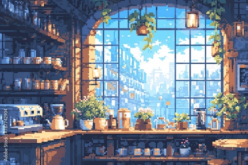 Cafe background in pixel art style © akimtan