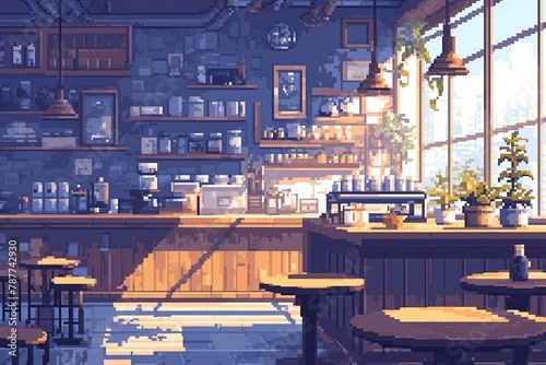 Cafe background in pixel art style